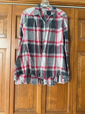 Red, Black & Gray Plaid Button Shirt